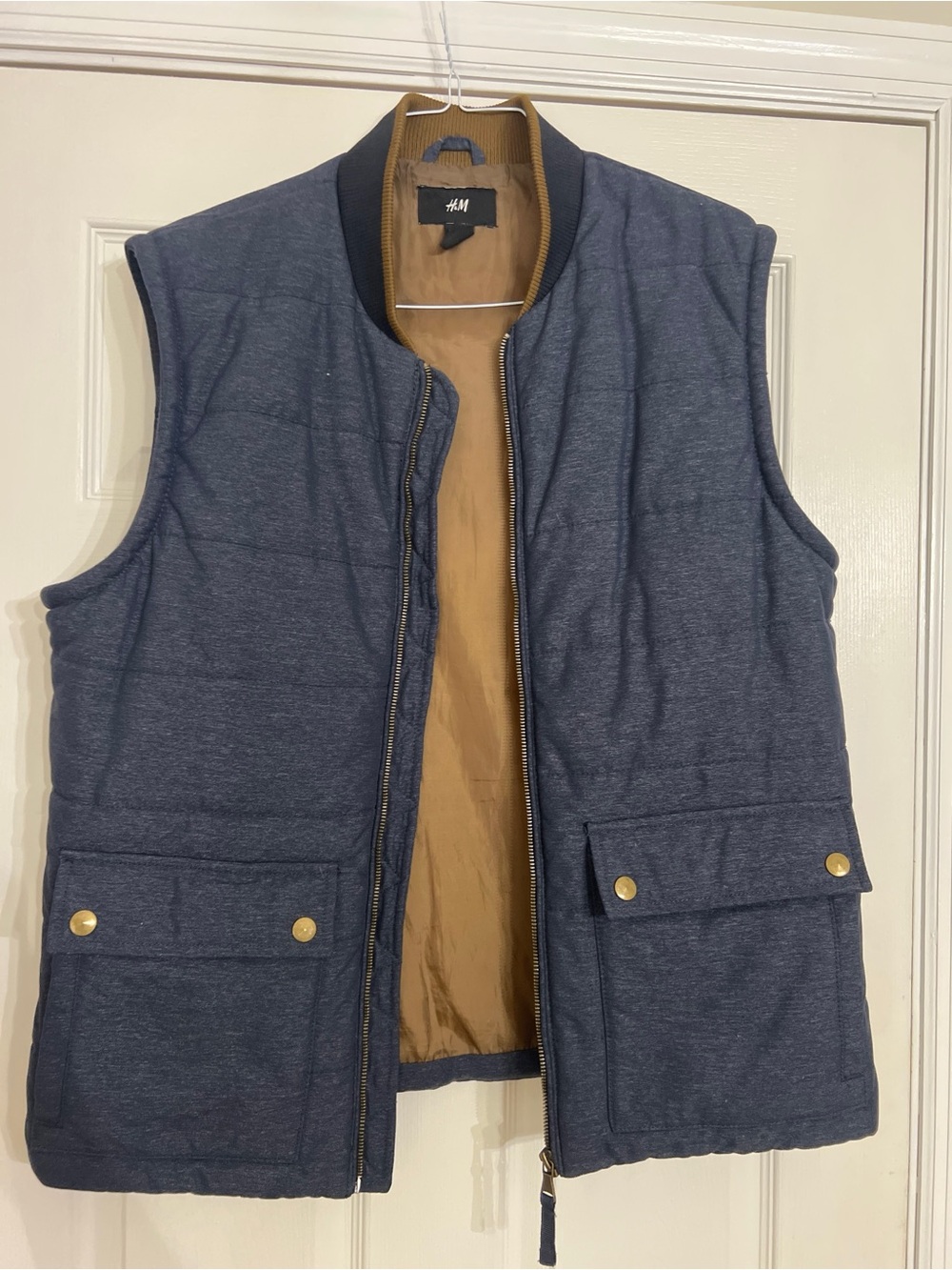 H&M Men's Quilted Puffer Vest Heather Blue Brown Lined Size US 44R (EU 54) Large